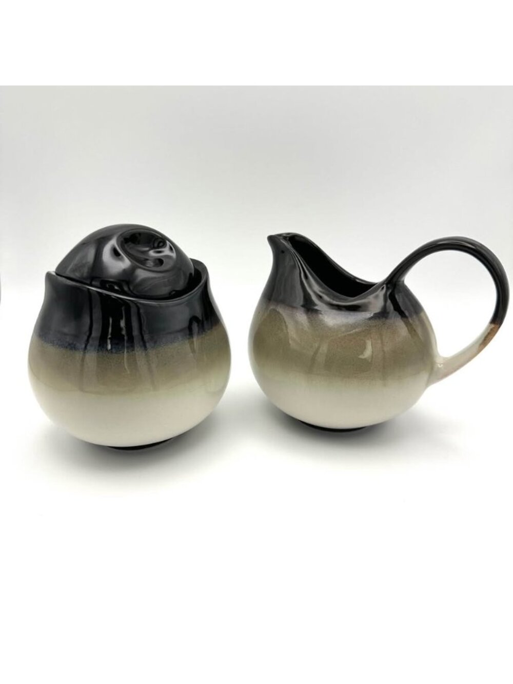 Sango Nova Black Stoneware Creamer & Sugar Bowl w/ Lid Pattern 4932
